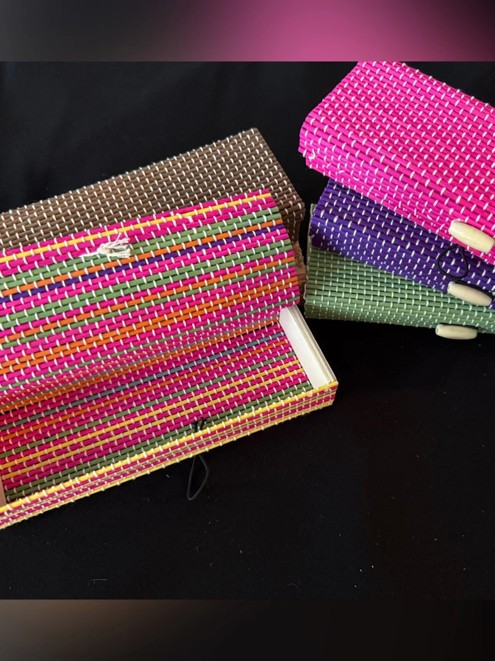 6 Piece Woven Bamboo Rectangle Jewelry Cases - Multicolor Set